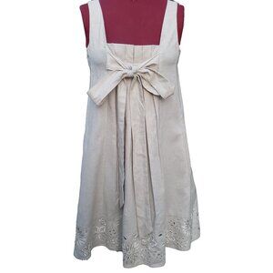 Ranna Gill Shift Dress Beige Linen Sleeveless Bow Tie Front Pleated Short Small